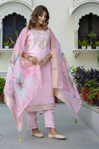 Pink embroidered silk blend salwar suit