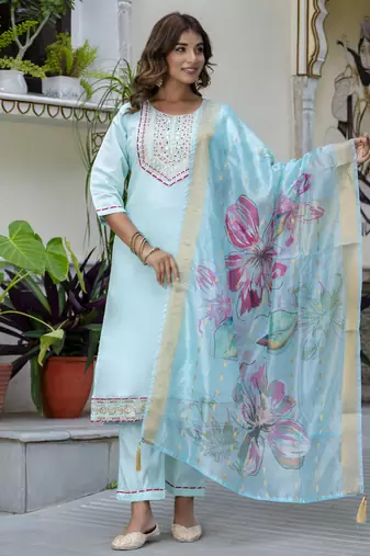 Green embroidered silk blend salwar suit