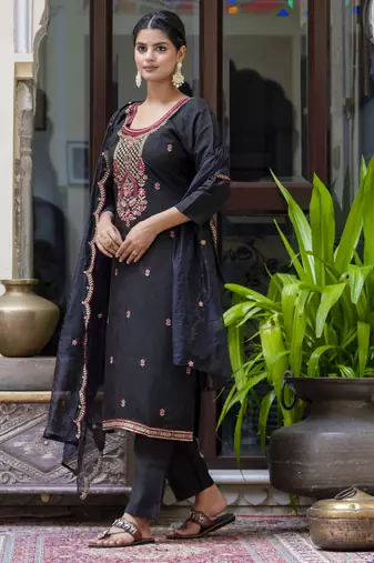 Black embroidered silk blend salwar suit