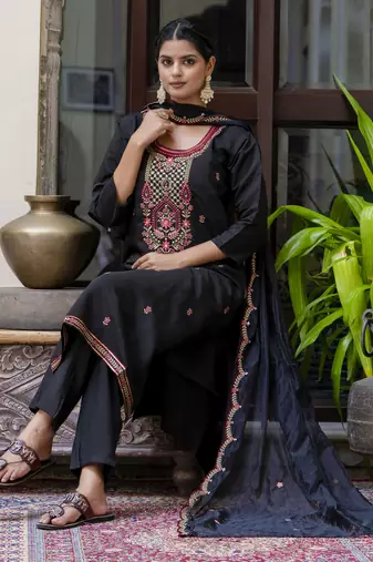 Black embroidered silk blend salwar suit