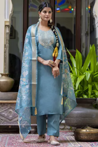 Blue embroidered silk blend salwar suit