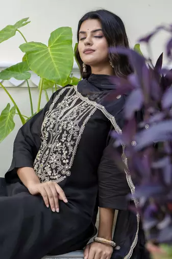 Black embroidered silk blend salwar suit