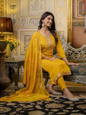 Mustard embroidered silk blend salwar suit 4