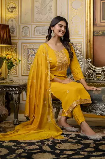 Mustard embroidered silk blend salwar suit