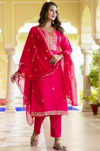 Pink embroidered silk blend salwar suit