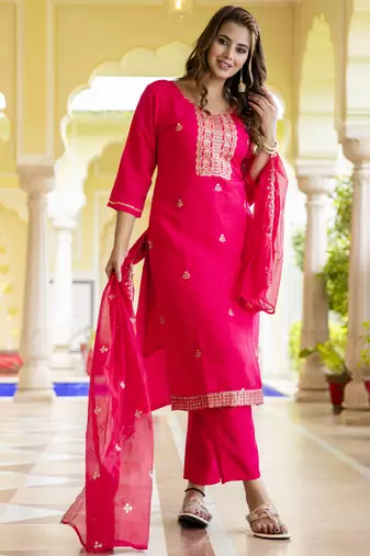 Pink embroidered silk blend salwar suit