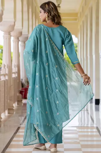 Blue embroidered silk blend salwar suit
