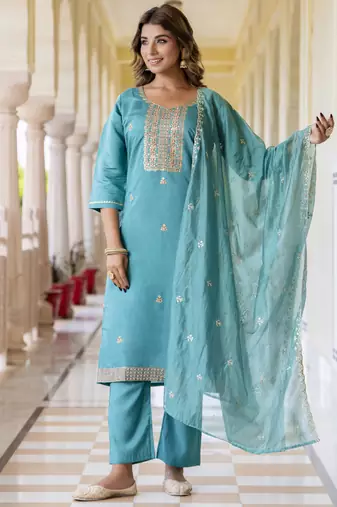 Blue embroidered silk blend salwar suit