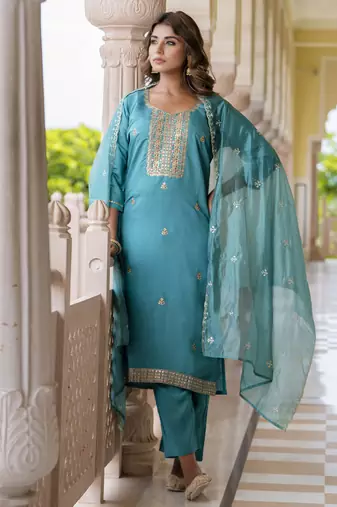 Blue embroidered silk blend salwar suit