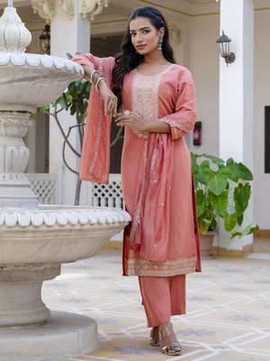 Peach embroidered silk blend salwar suit 1