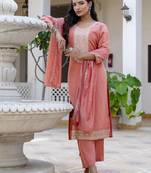 Peach embroidered silk blend salwar suit