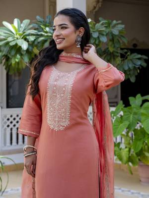 Peach embroidered silk blend salwar suit 2