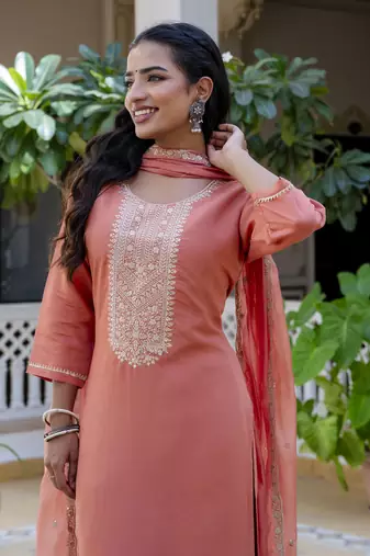 Peach embroidered silk blend salwar suit