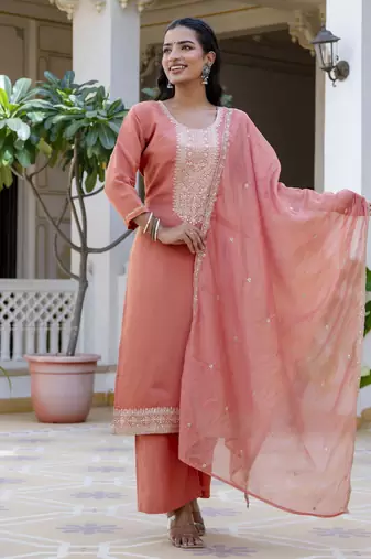 Peach embroidered silk blend salwar suit