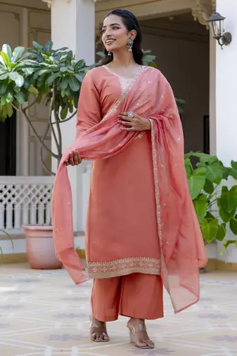 Peach embroidered silk blend salwar suit
