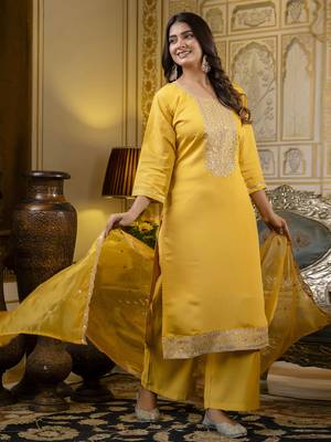 Yellow embroidered silk blend salwar suit 1