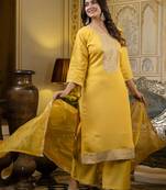 Yellow embroidered silk blend salwar suit