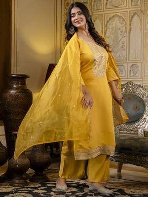 Yellow embroidered silk blend salwar suit 2