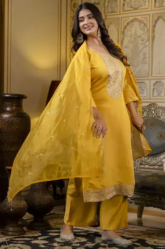 Yellow embroidered silk blend salwar suit