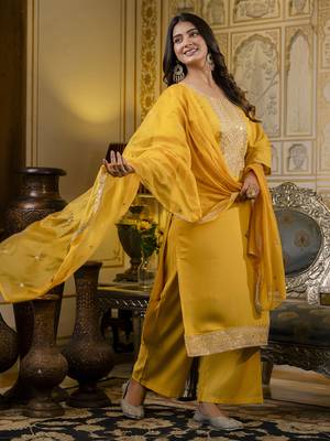 Yellow embroidered silk blend salwar suit 3