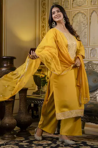 Yellow embroidered silk blend salwar suit