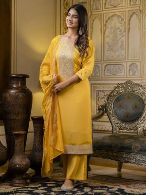 Yellow embroidered silk blend salwar suit 4