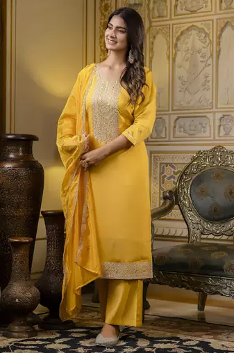Yellow embroidered silk blend salwar suit
