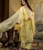 Yellow embroidered silk blend salwar suit