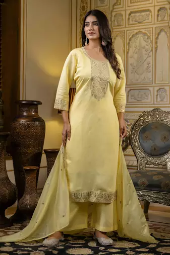 Yellow embroidered silk blend salwar suit