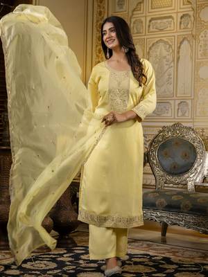 Yellow embroidered silk blend salwar suit 3