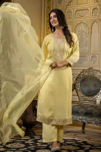 Yellow embroidered silk blend salwar suit