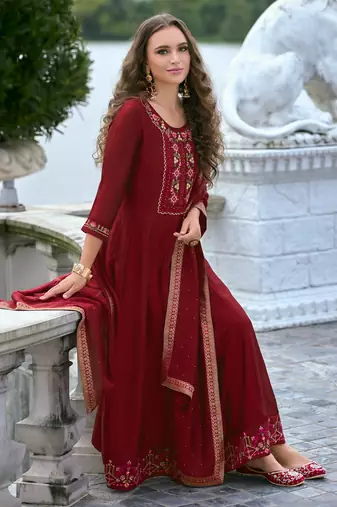 Red embroidered vichitra silk salwar suit