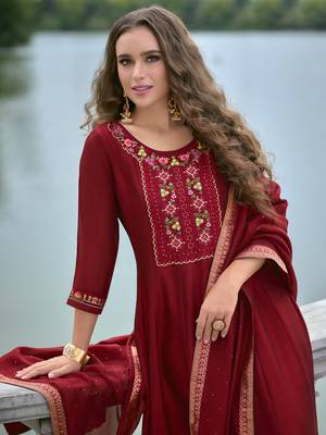 Red embroidered vichitra silk salwar suit 3
