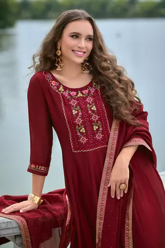 Red embroidered vichitra silk salwar suit