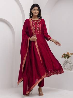 Red embroidered vichitra silk salwar suit 1