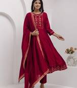 Red embroidered vichitra silk salwar suit