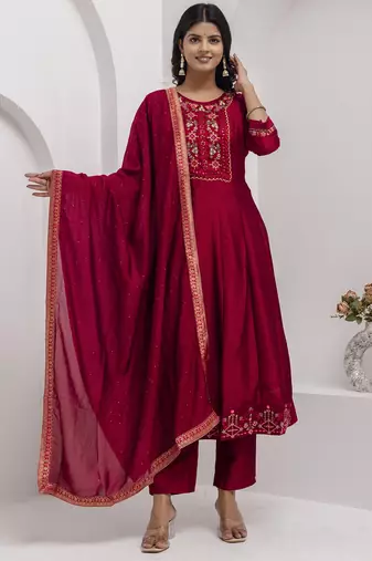 Red embroidered vichitra silk salwar suit