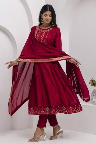 Red embroidered vichitra silk salwar suit