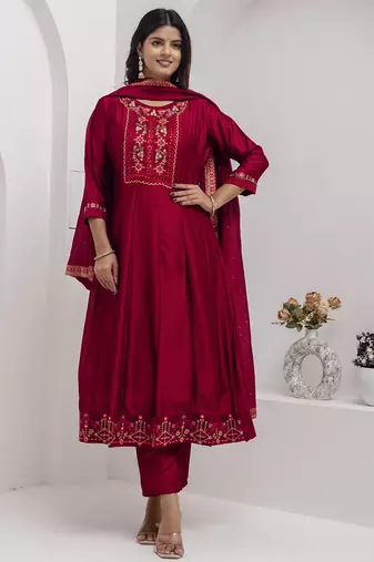 Red embroidered vichitra silk salwar suit
