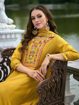 Yellow embroidered vichitra silk salwar suit 2