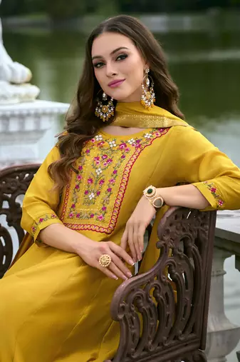 Yellow embroidered vichitra silk salwar suit