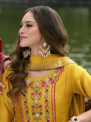 Yellow embroidered vichitra silk salwar suit 3