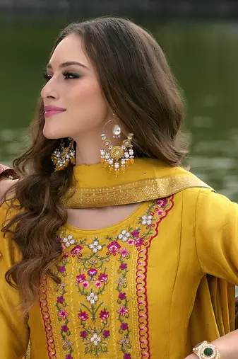 Yellow embroidered vichitra silk salwar suit