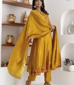 Yellow embroidered vichitra silk salwar suit