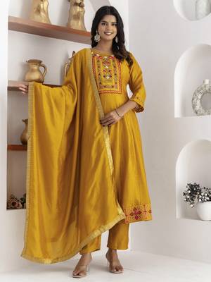 Yellow embroidered vichitra silk salwar suit 2