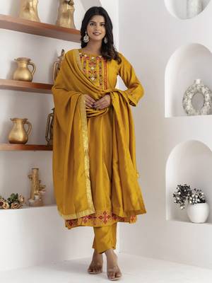 Yellow embroidered vichitra silk salwar suit 3