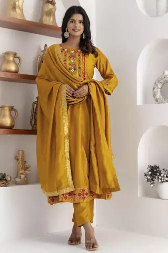 Yellow embroidered vichitra silk salwar suit