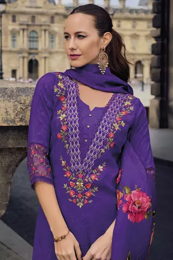 Purple embroidered viscose silk salwar suit