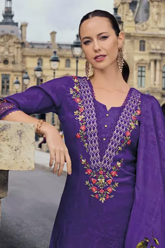 Purple embroidered viscose silk salwar suit