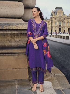 Purple embroidered viscose silk salwar suit 4